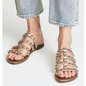 Sam Edelman Glenn Sandal Slide Studded Leather Gold Open Toe Slip On 7.5